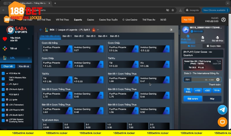 Giao diện cược esport 188BET link