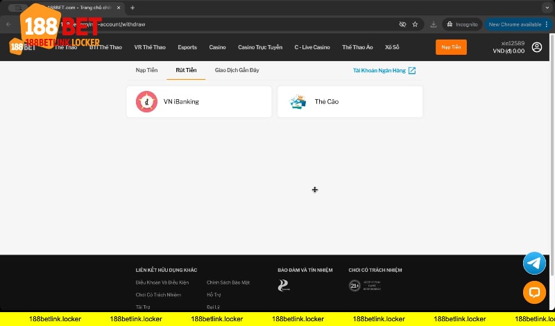 Giao diện rút tiền 188BET link