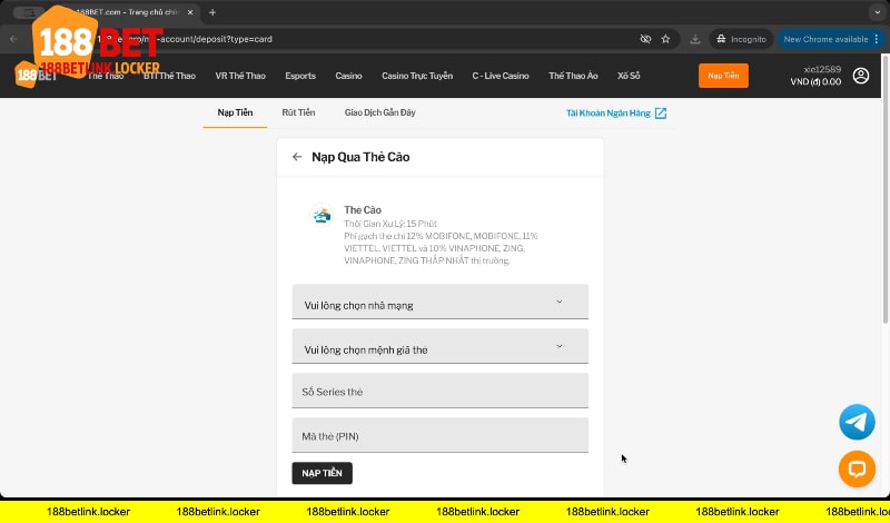 Nạp tiền 188BET link qua thẻ cào
